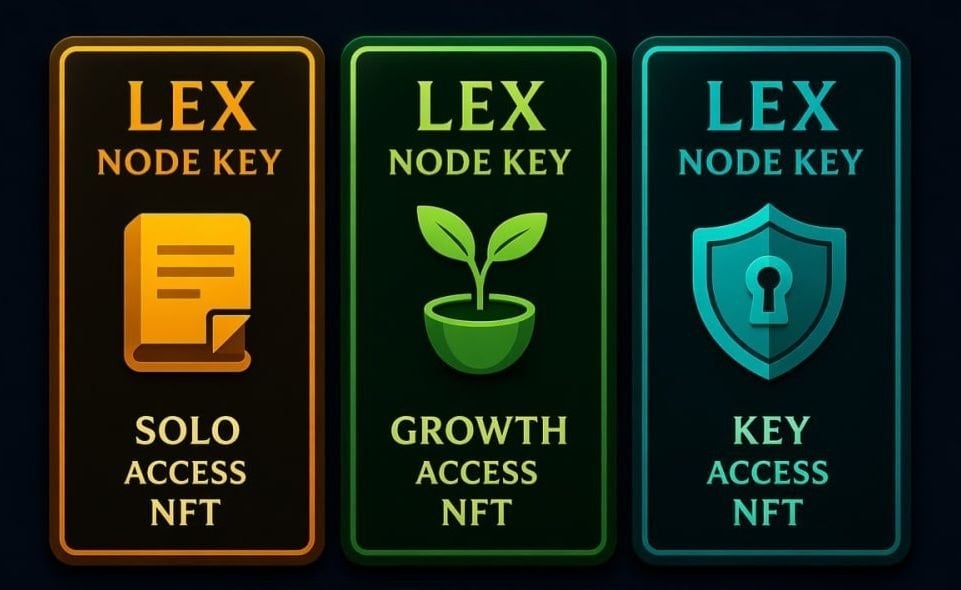 Three LEX Node Key NFT cards with different access levels: Solo Access with document icon, Growth Access with plant icon, and Key Access with shield icon